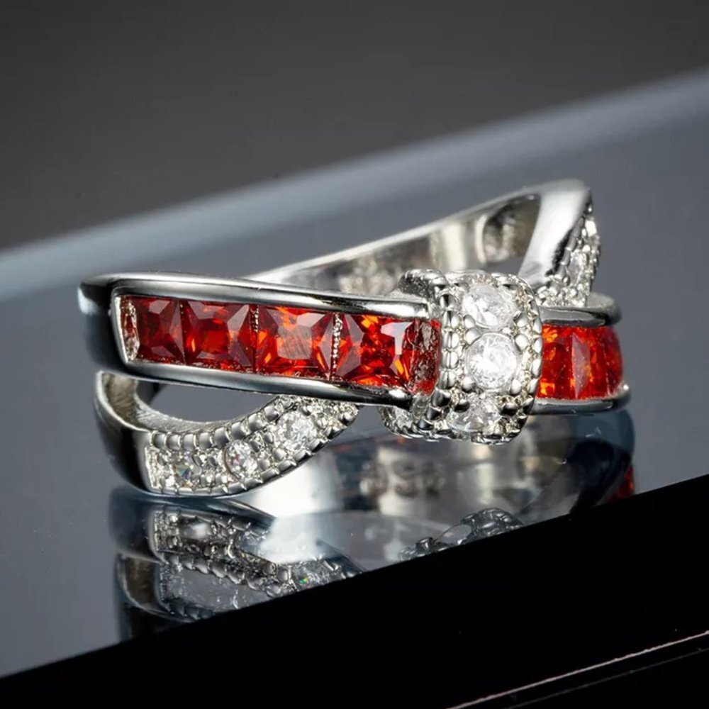💎925 Silver Plated Antique Red CZ Punk Party Cocktail Ring, GPMB1399